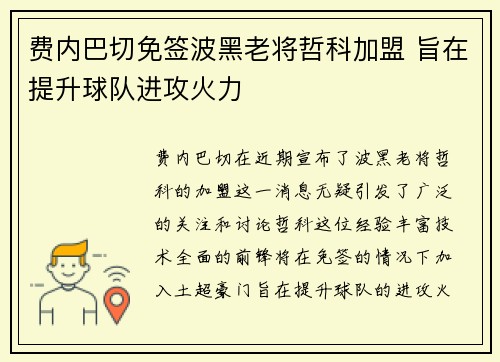 费内巴切免签波黑老将哲科加盟 旨在提升球队进攻火力 费内巴切免签波黑老将哲科加盟 旨在提升球队进攻火力